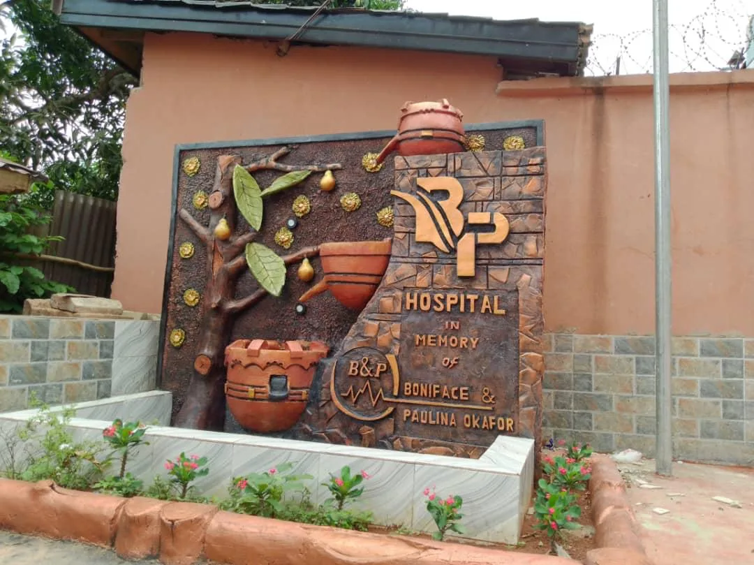 Boniface and Paulina Okafor Memorial Hospital sign at the facility entrance